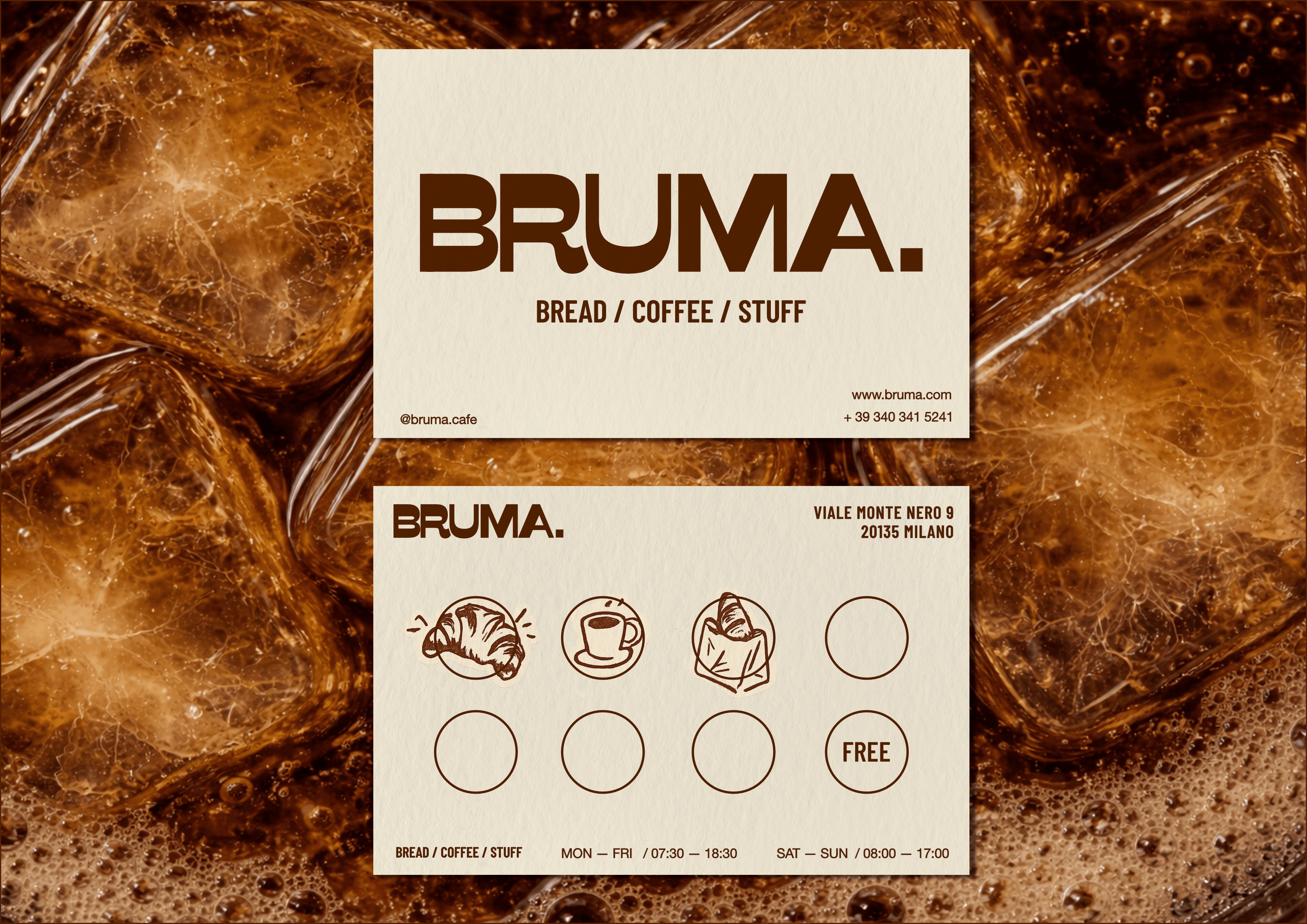 BRUMA visual identity cards displayed over iced coffee.