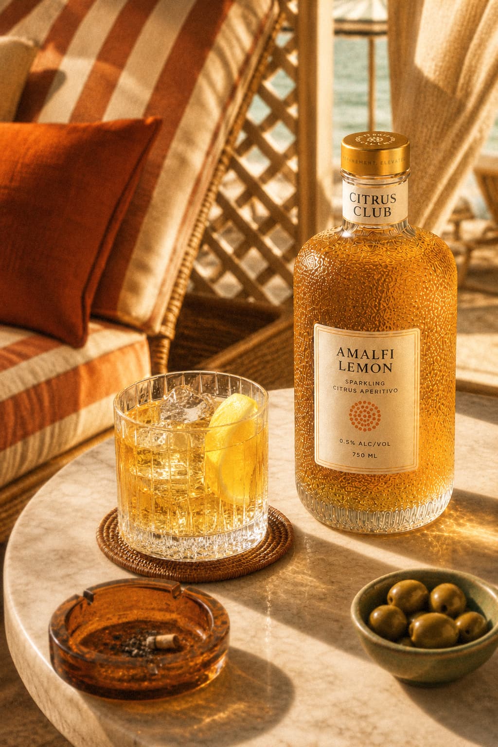 Amalfi Lemon bottle served in a warm aperitivo setting.
