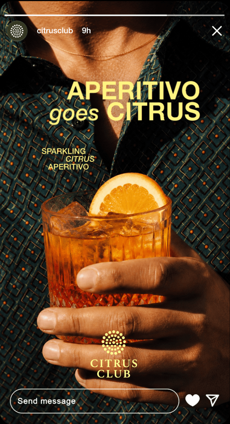 Citrus Club Instagram story featuring an aperitivo held in warm light.