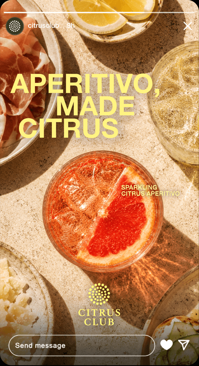 Citrus Club Instagram story featuring a sunlit aperitivo table.