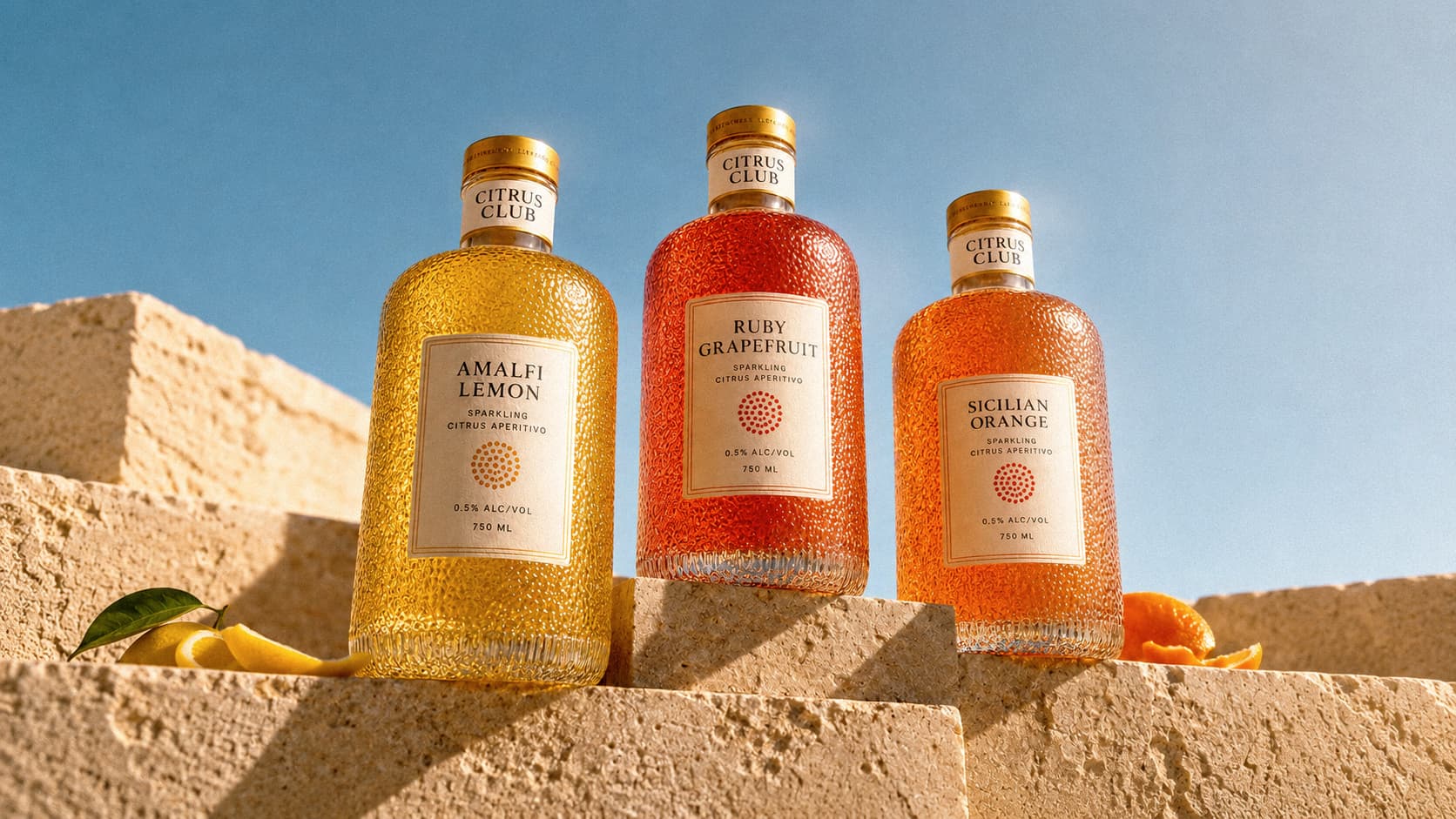 Three Citrus Club bottles arranged in sunlight.