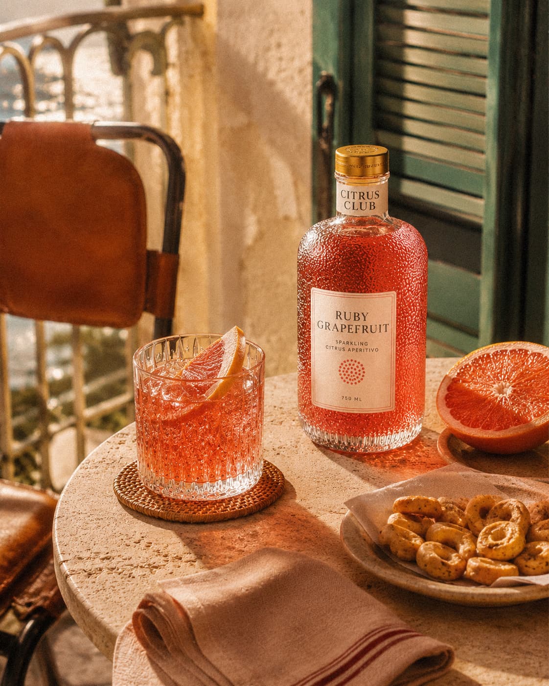 Ruby Grapefruit bottle served at a sunlit table.