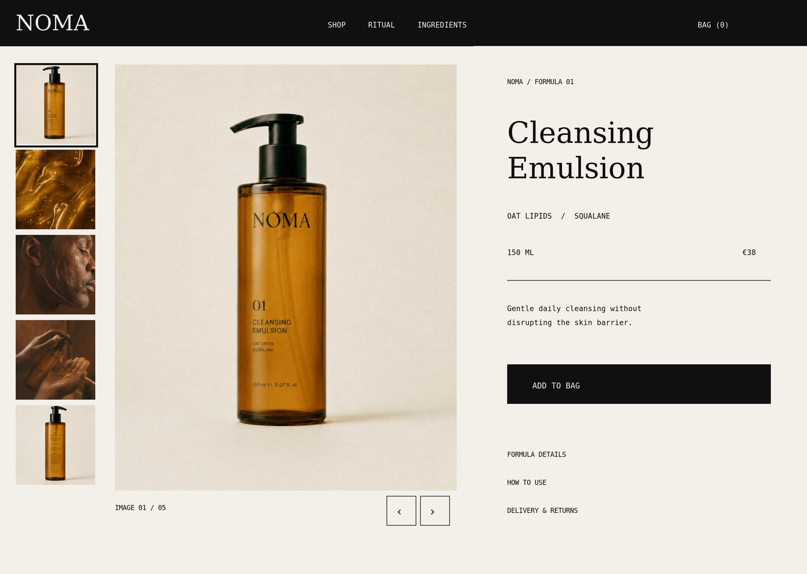 The NOMA product page pairing a complete cleansing emulsion bottle with clear product information.